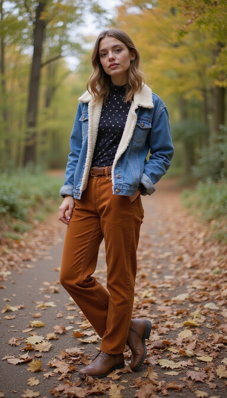 Sherpa Denim Jacket With Corduroy Pants And Boots