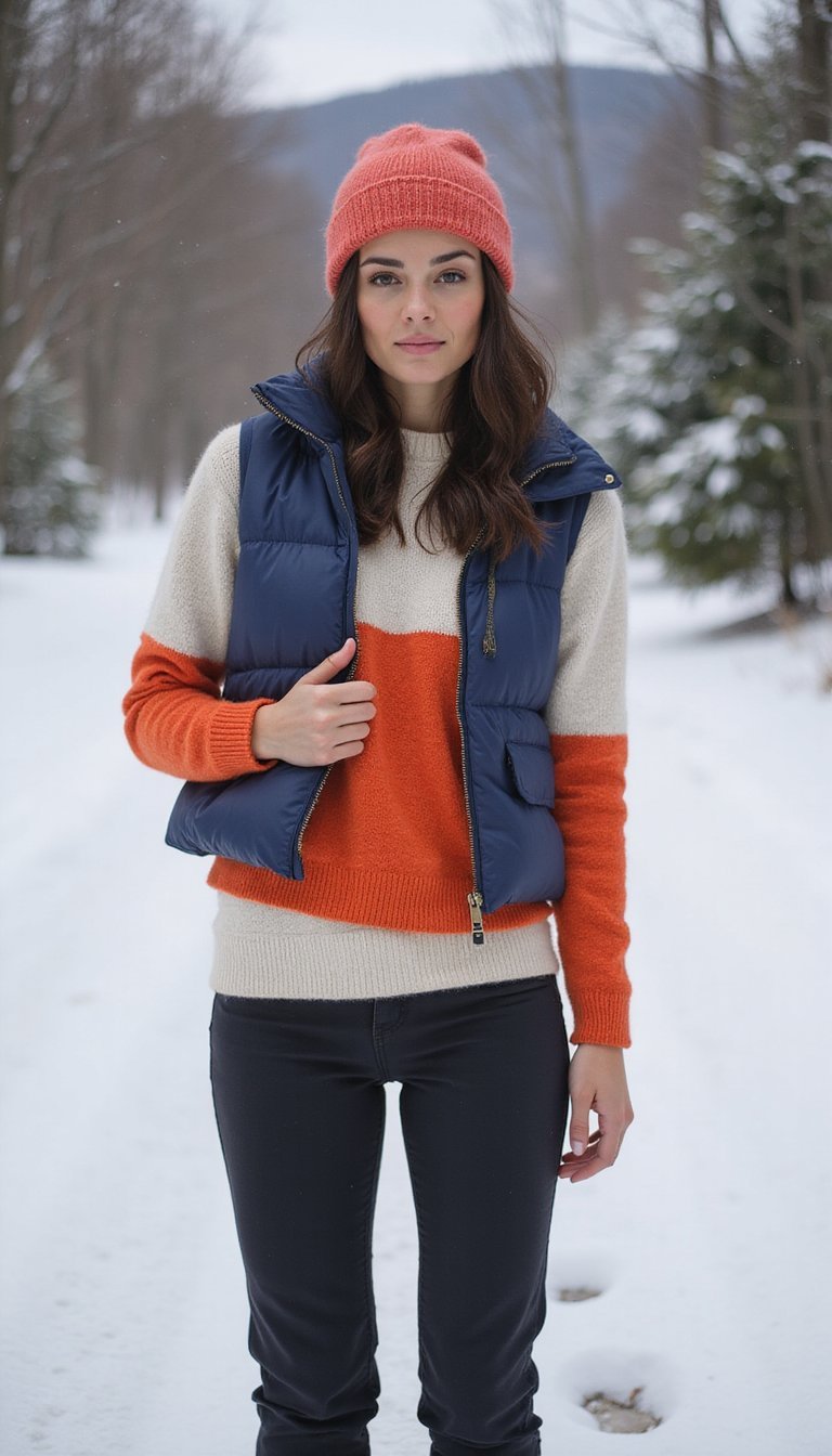 Ski-Inspired Color-Block Sweater With Puffer Vest