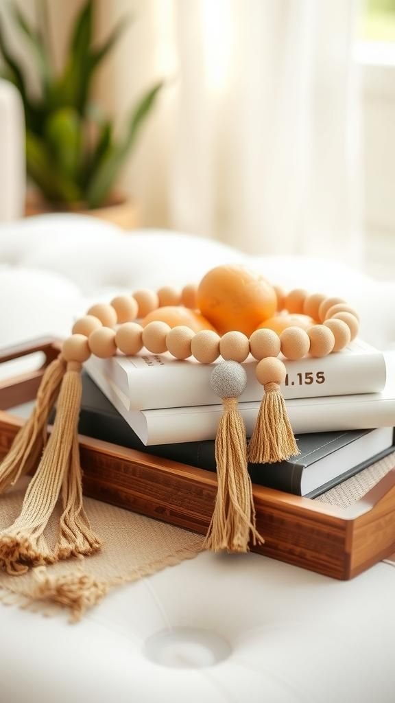 Wood Bead Garland With Tassel Accents