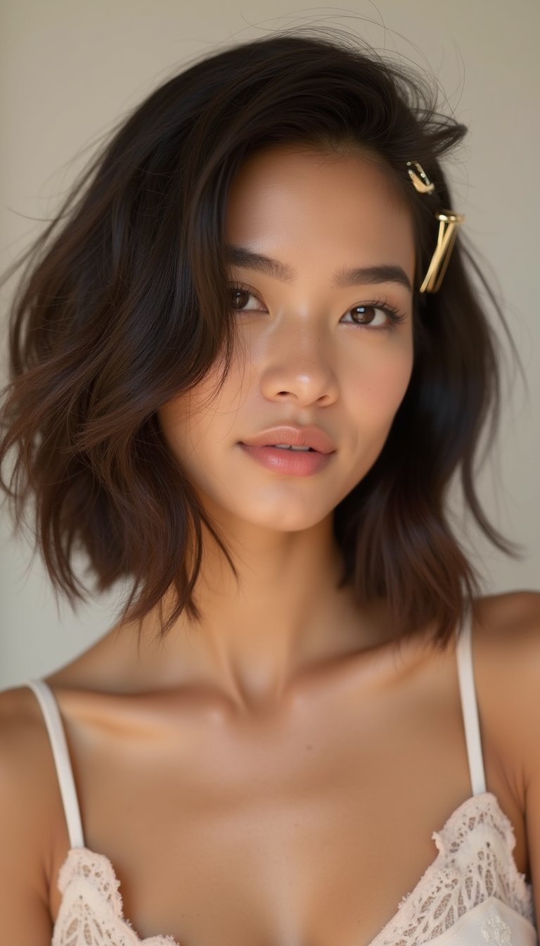 Asymmetrical Lob Accented With Metallic Hair Cuff