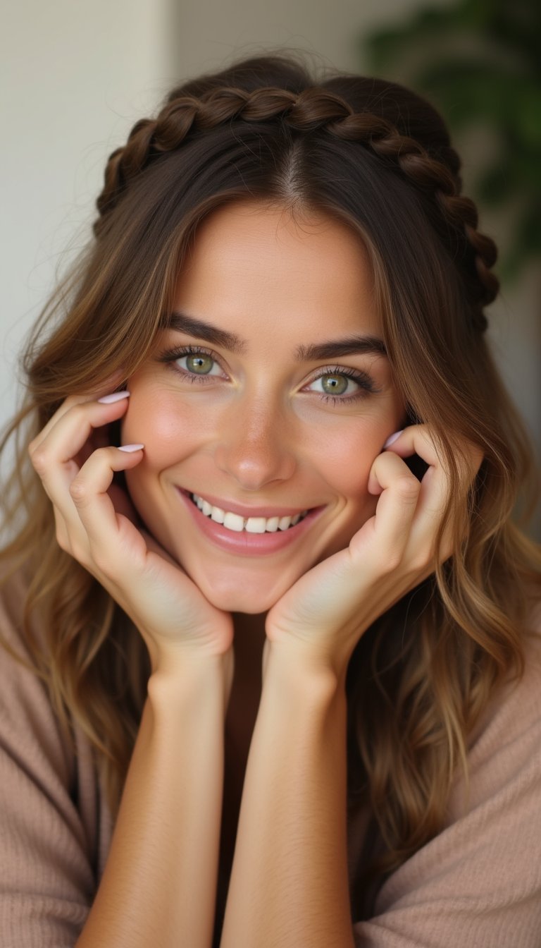 Braided Crown With Soft Face Framing Tendrils