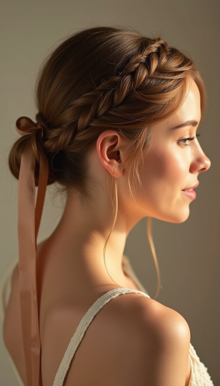 Braided Low Bun Wrapped In Satin Ribbon