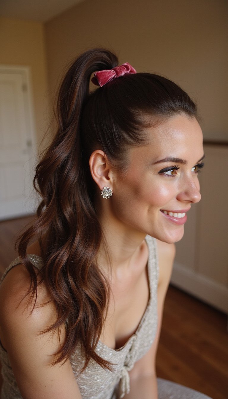 High Wrapped Ponytail With Velvet Bow Finish