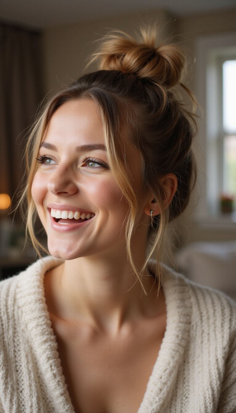 Messy Top Knot With Wispy Face Framing Pieces