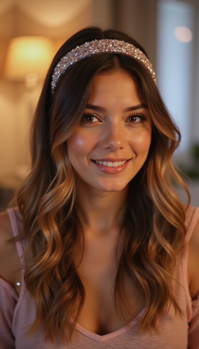 Sequin Headband Over Loose Mermaid Waves