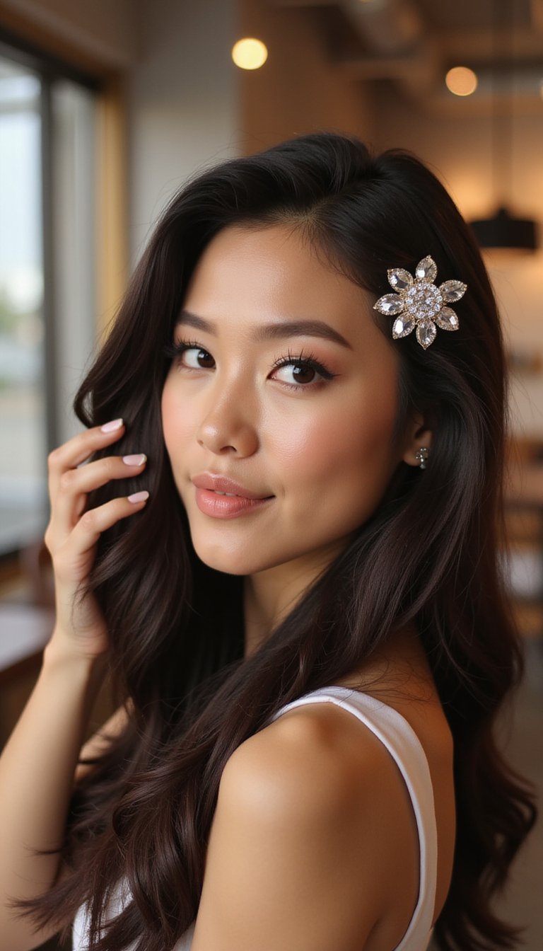 Sleek Straight Hair With Crystal Clip Accents