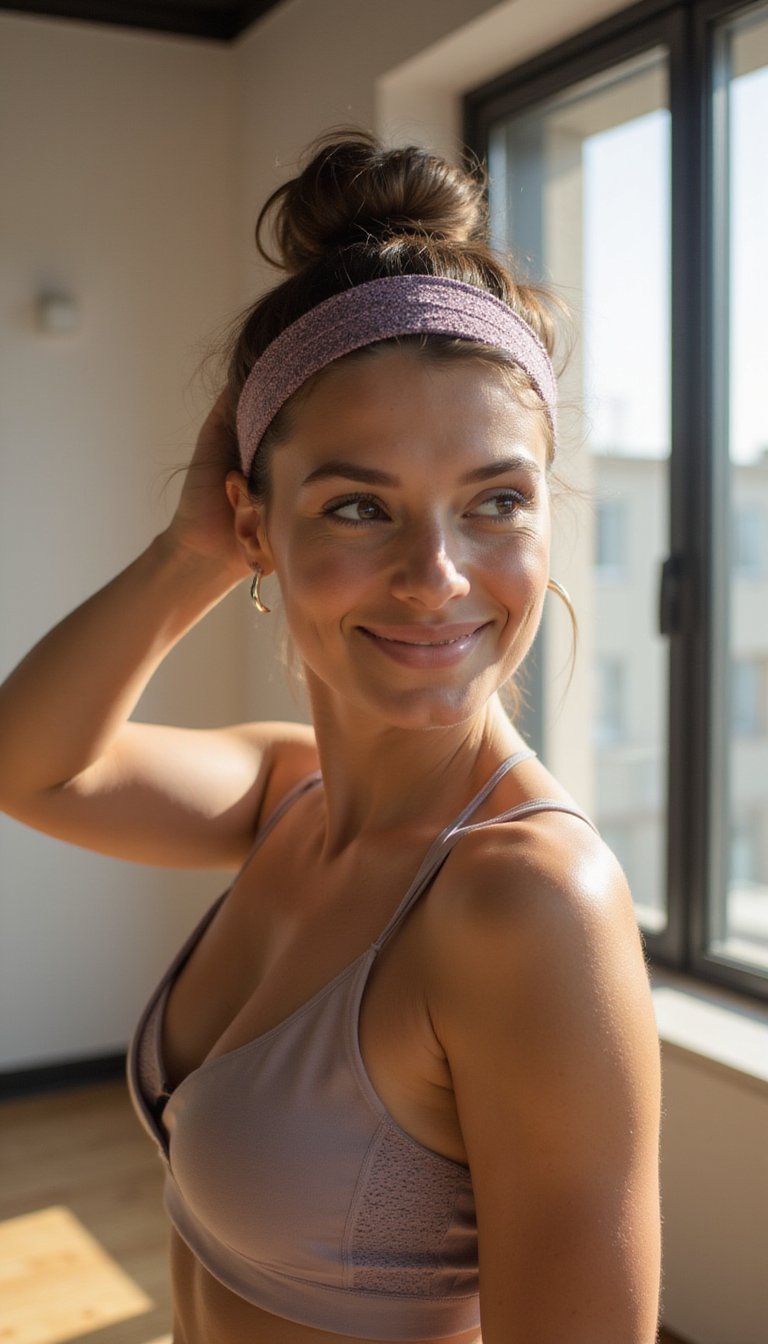 High Bun Secured With Moisture-Wicking Headband