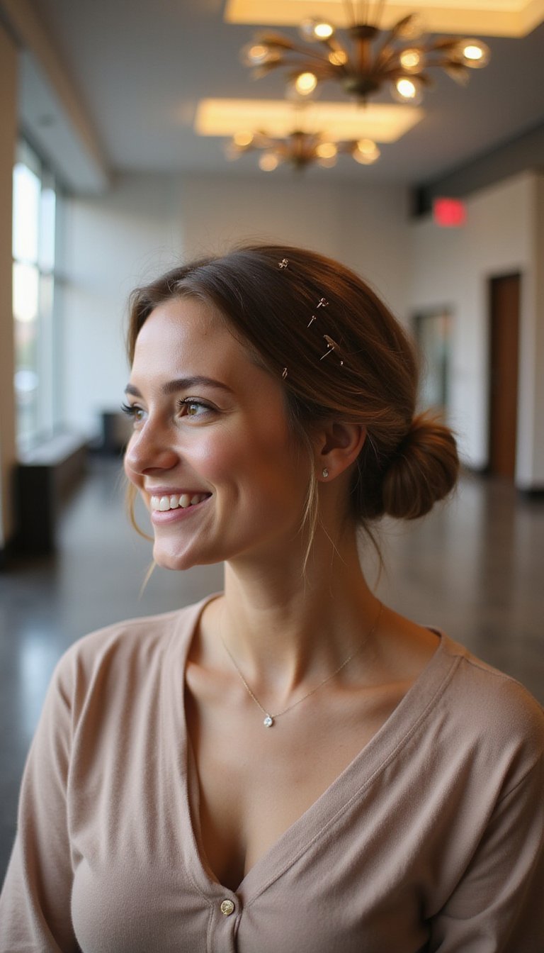 Low Chignon Secured With Bobby Pin Grid