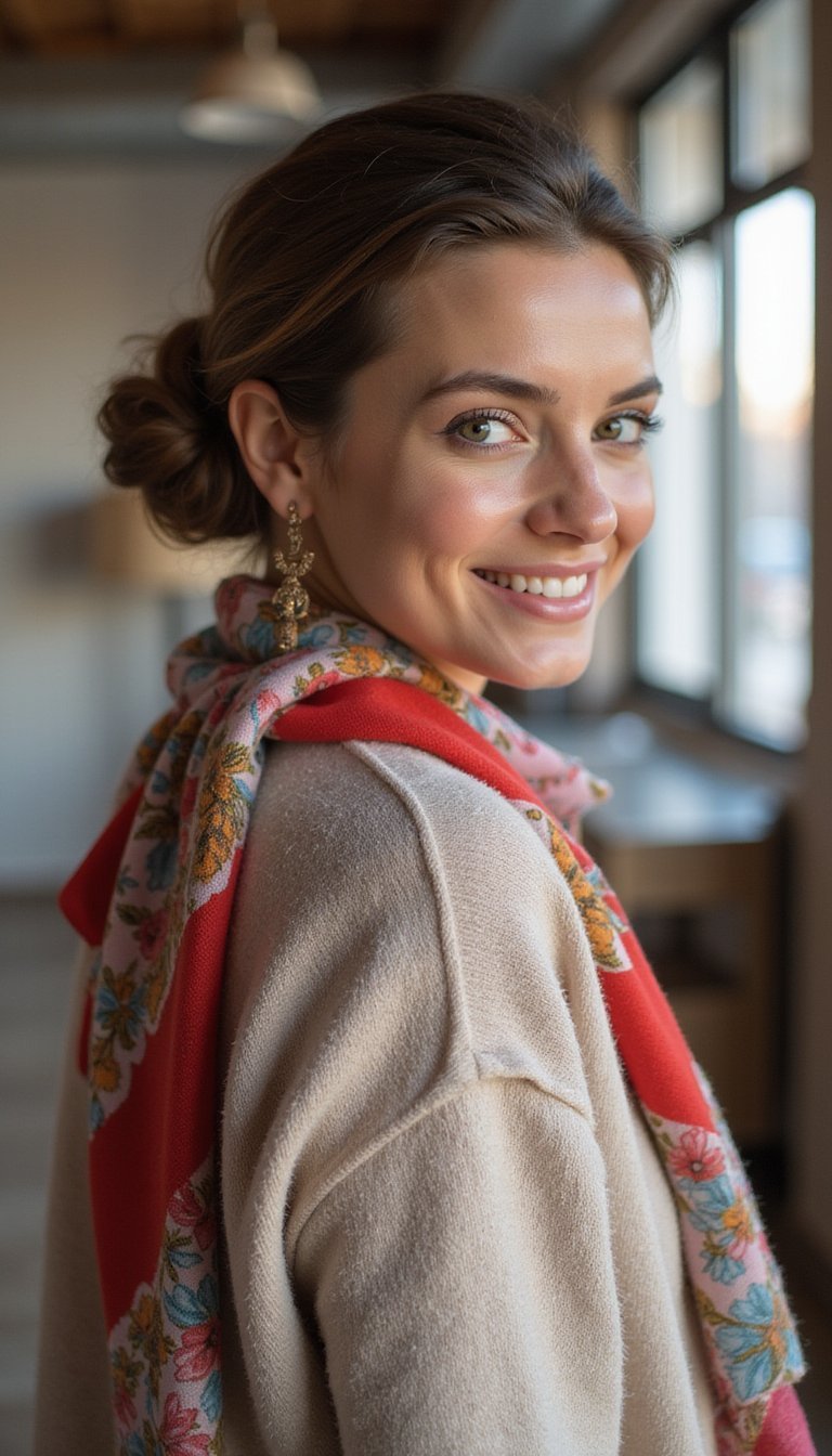 Low Sleek Bun Finished With Scarf Wrap