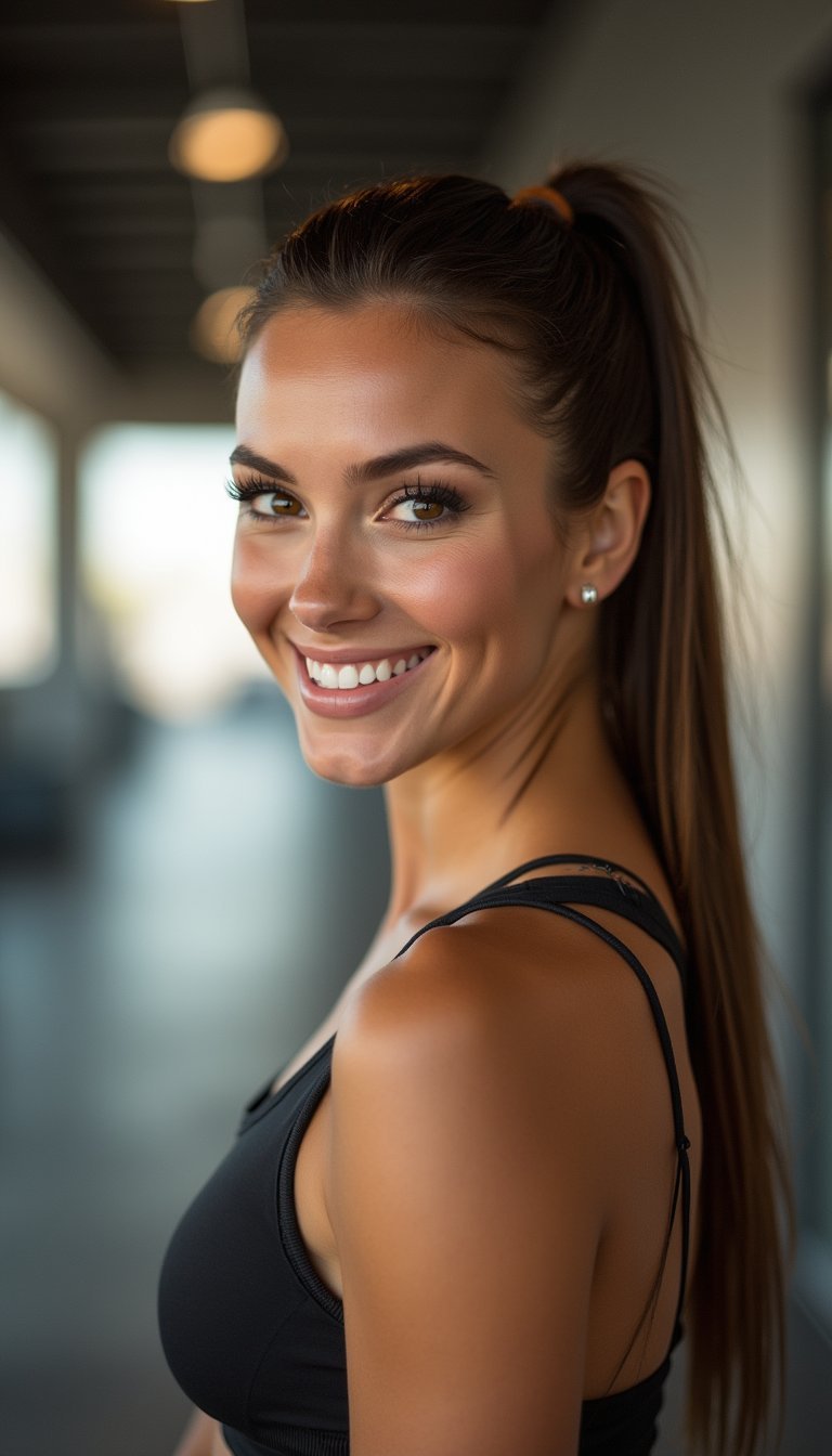 Wet-Look Slicked Back Workout Ponytail With Shine