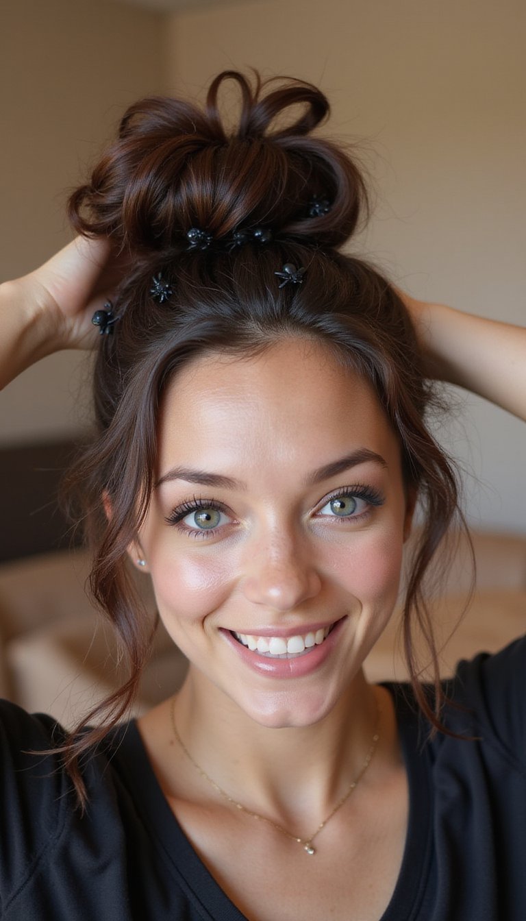 Quick Messy Bun With Spooky Accessories
