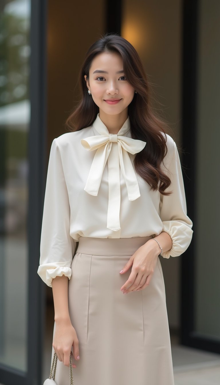 Blusa Com Gola Laço E Saia Midi Plana