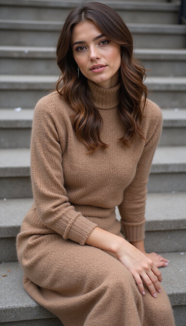 Blusa Gola Alta Com Saia Midi Em Tricô