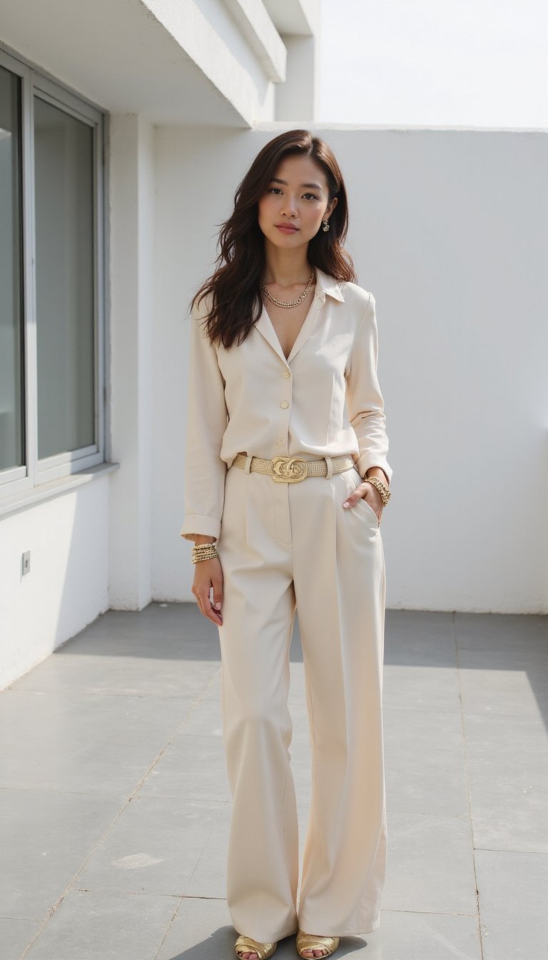 Look Monocromático Neutro Com Acessórios Dourados