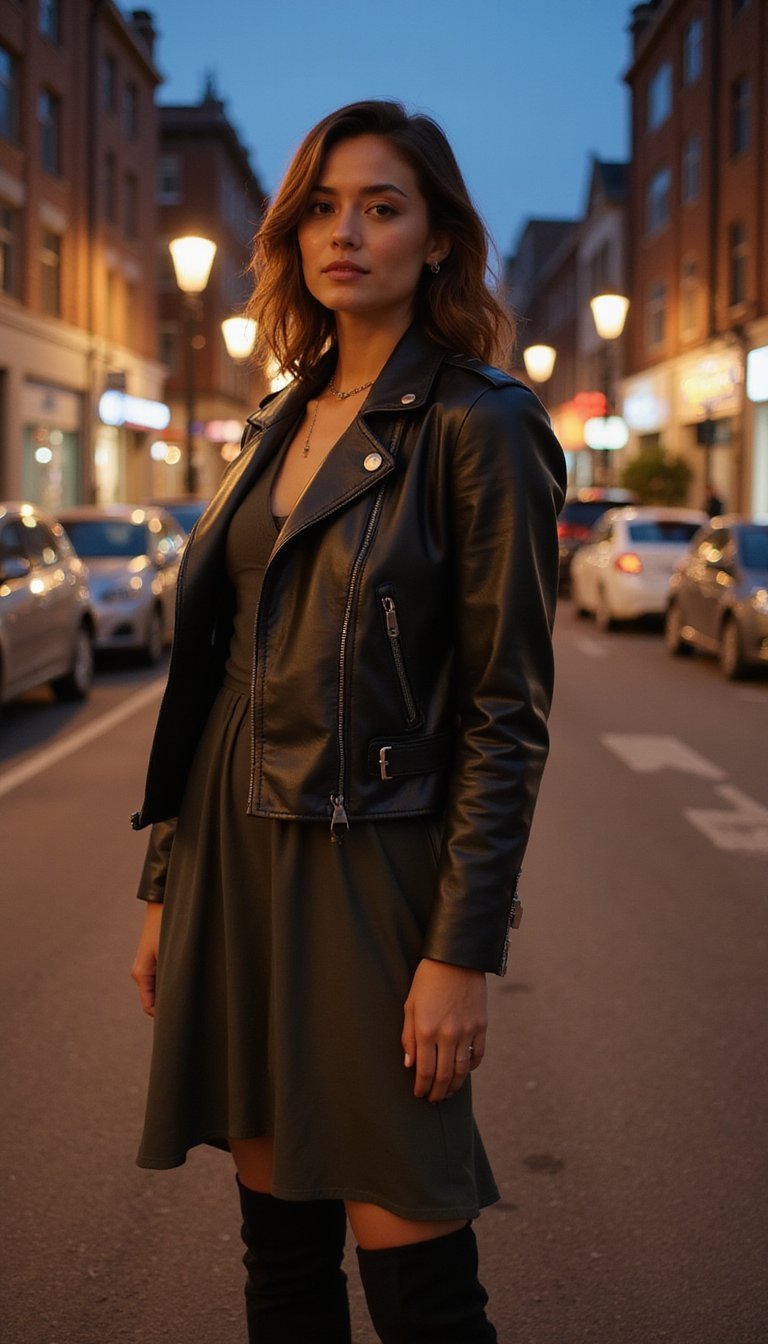 Jaqueta De Couro Com Vestido Solto E Botas