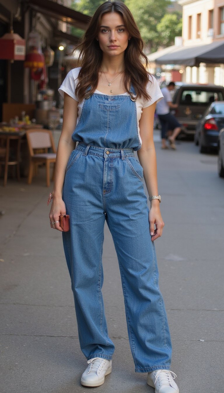 Macacão Jeans Com Cintura Marcada E Tênis