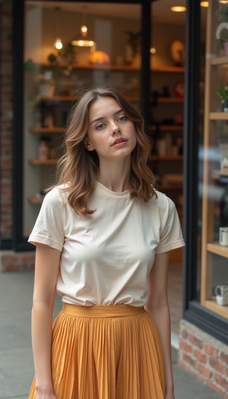 Saia Midi Plissada Com Camiseta Enferrujada