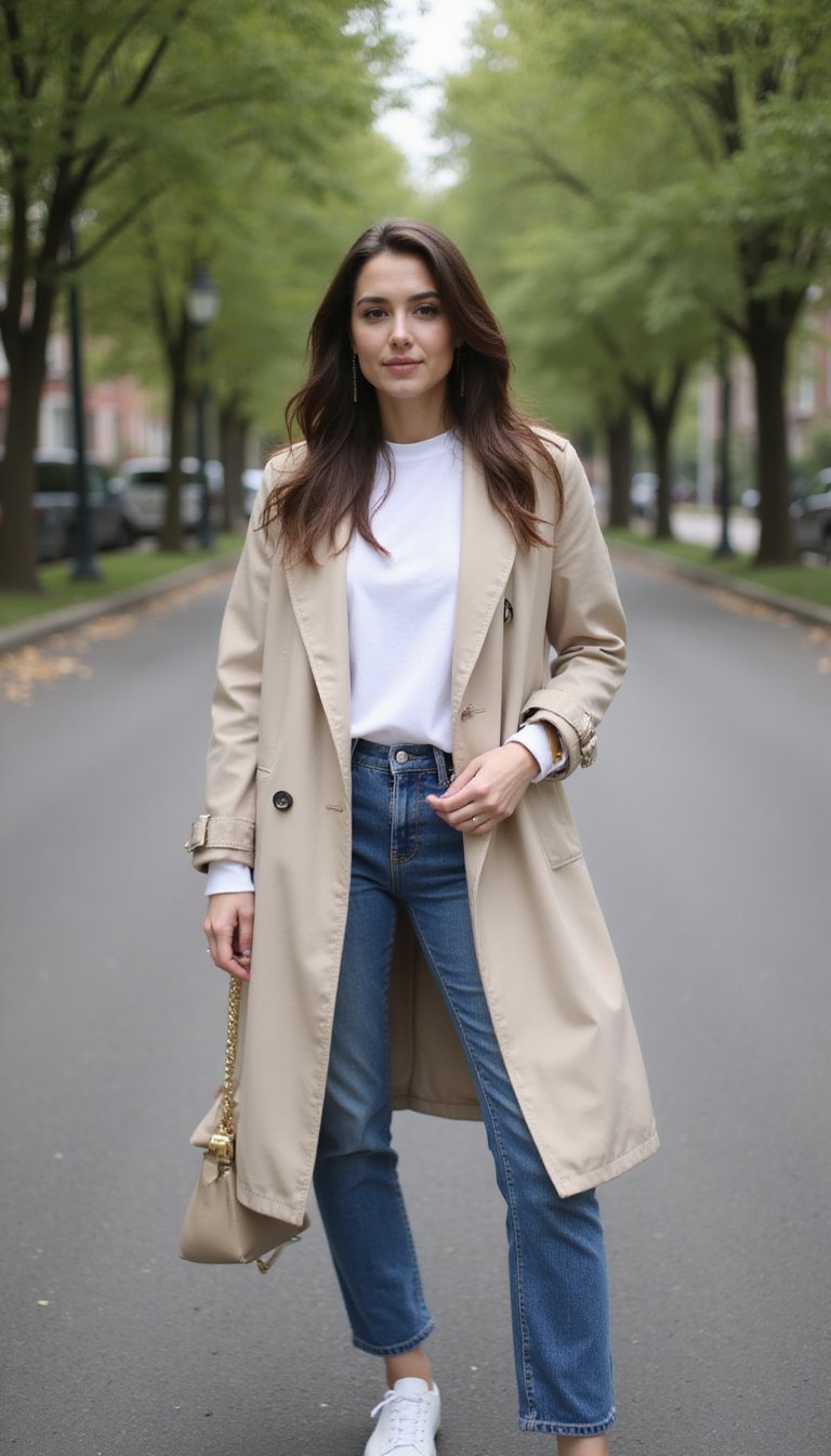 Trench Coat Leve Com Jeans Slim