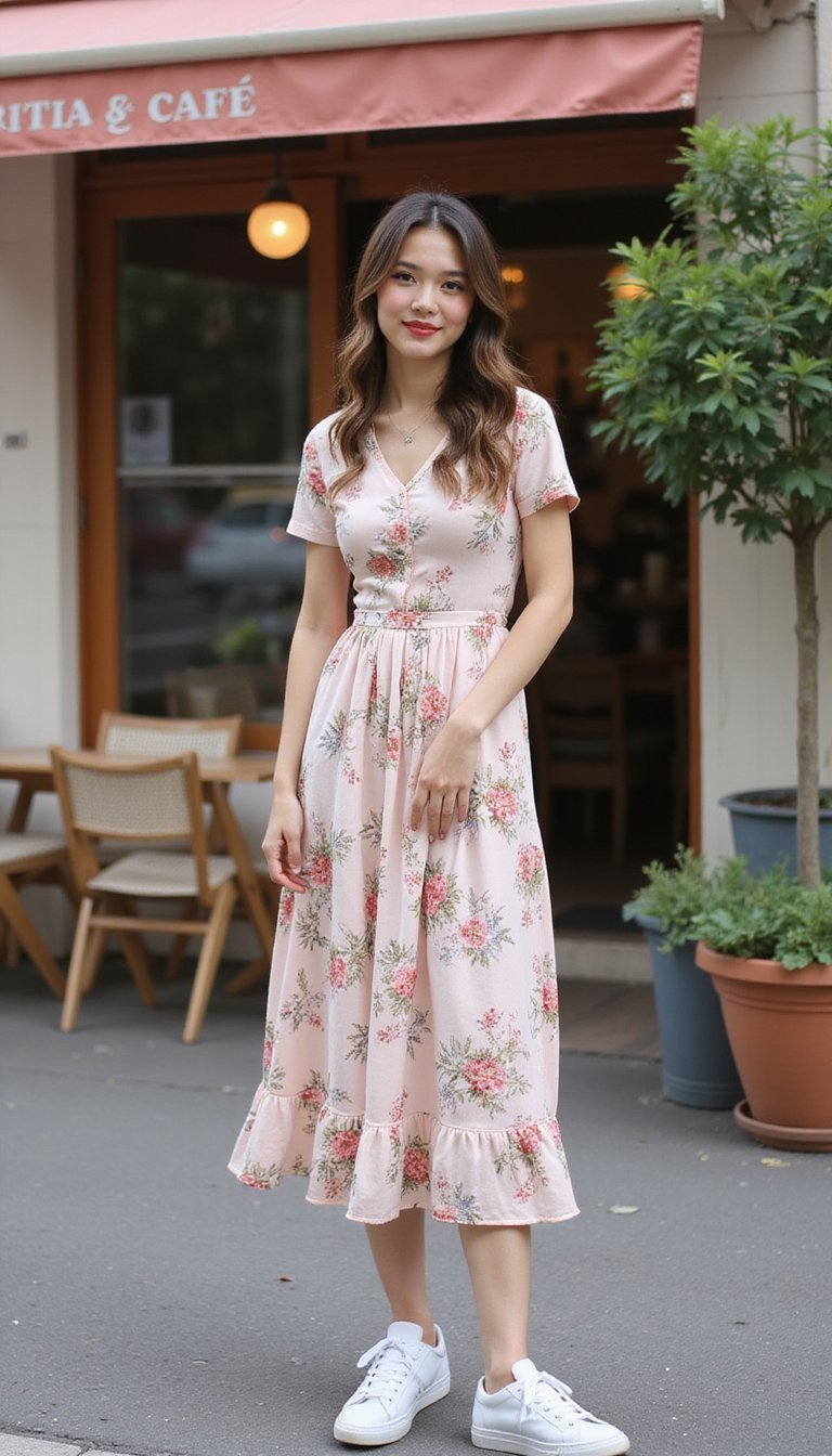 Vestido Midi Floral Com Tênis Branco