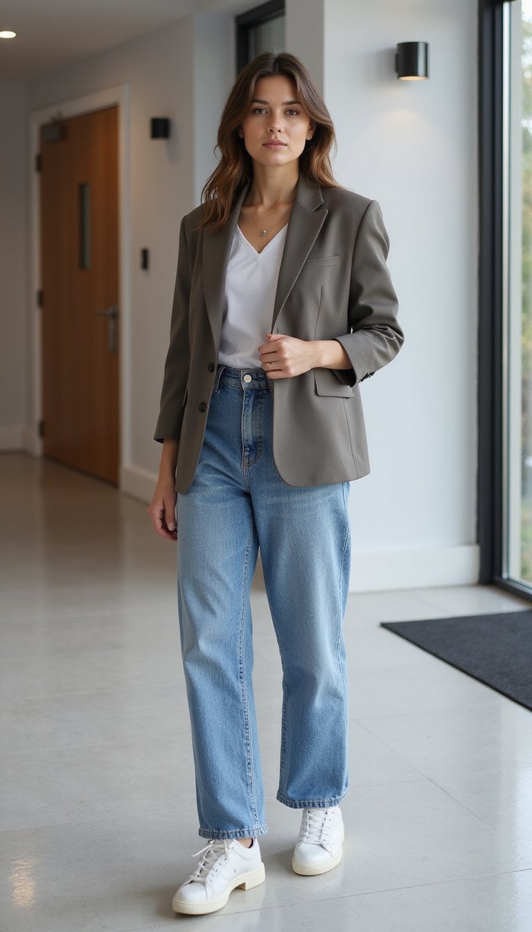 Blazer Oversize Con Jeans Rectos Y Zapatillas