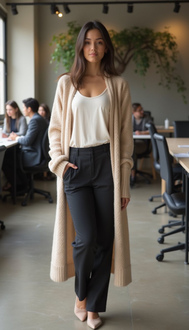 Cardigan Largo Sobre Top Liso Y Pantalón Sastre