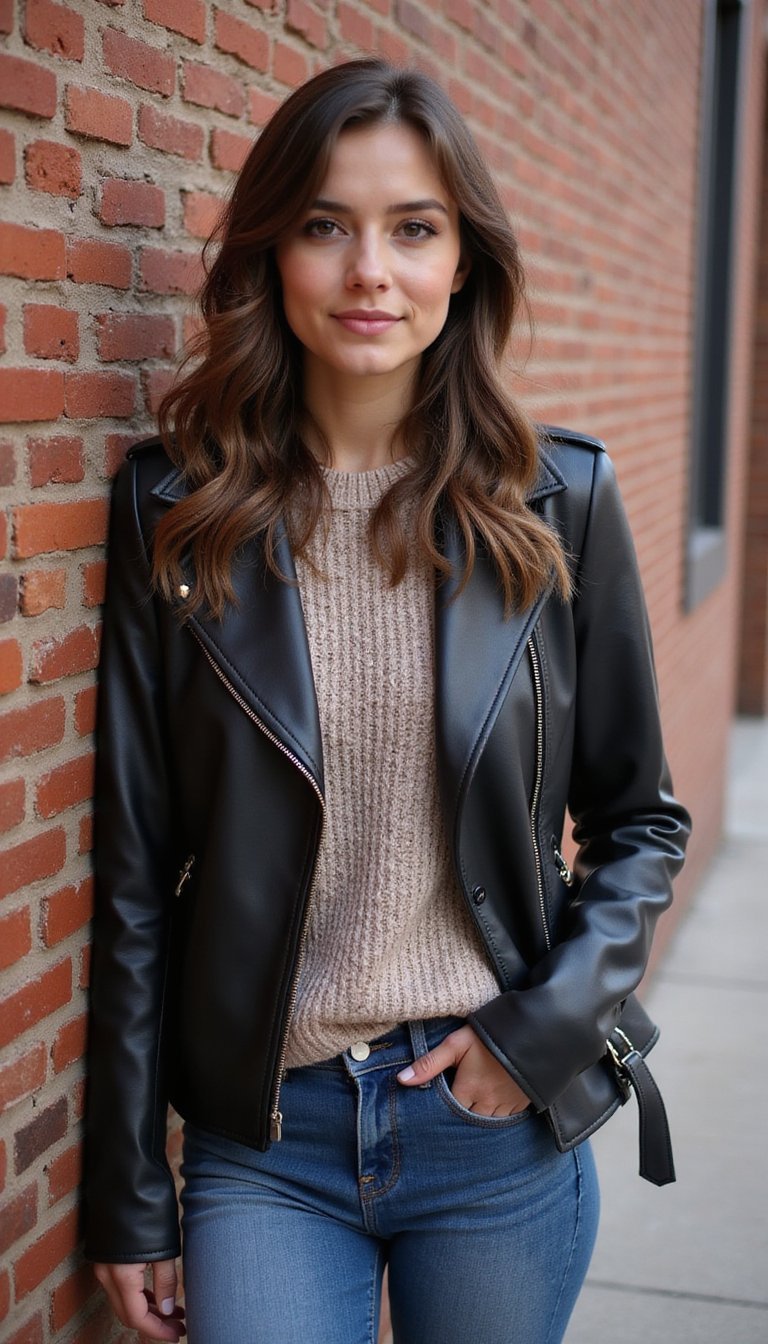 Chaqueta De Cuero Con Jersey Fino Y Jeans
