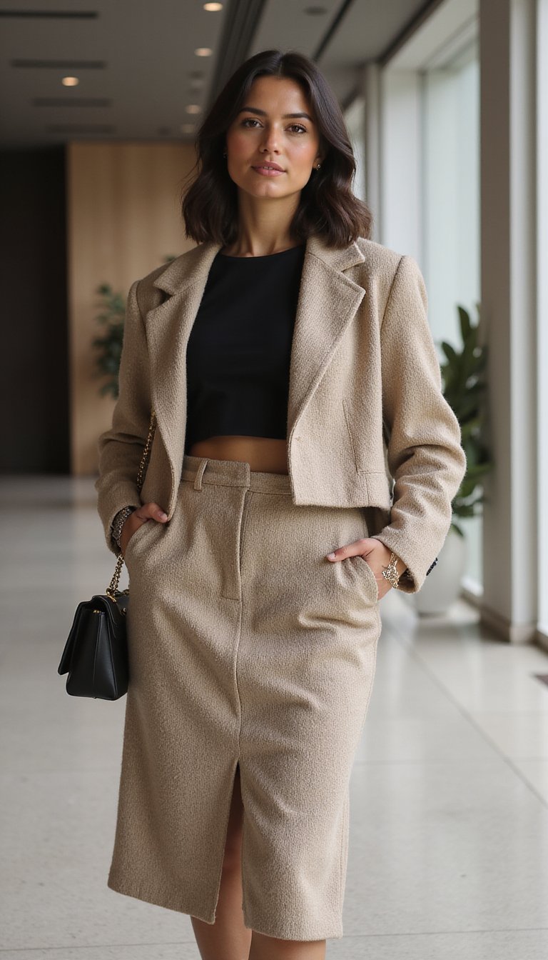 Chaqueta De Punto Corta Con Falda Lápiz Midi