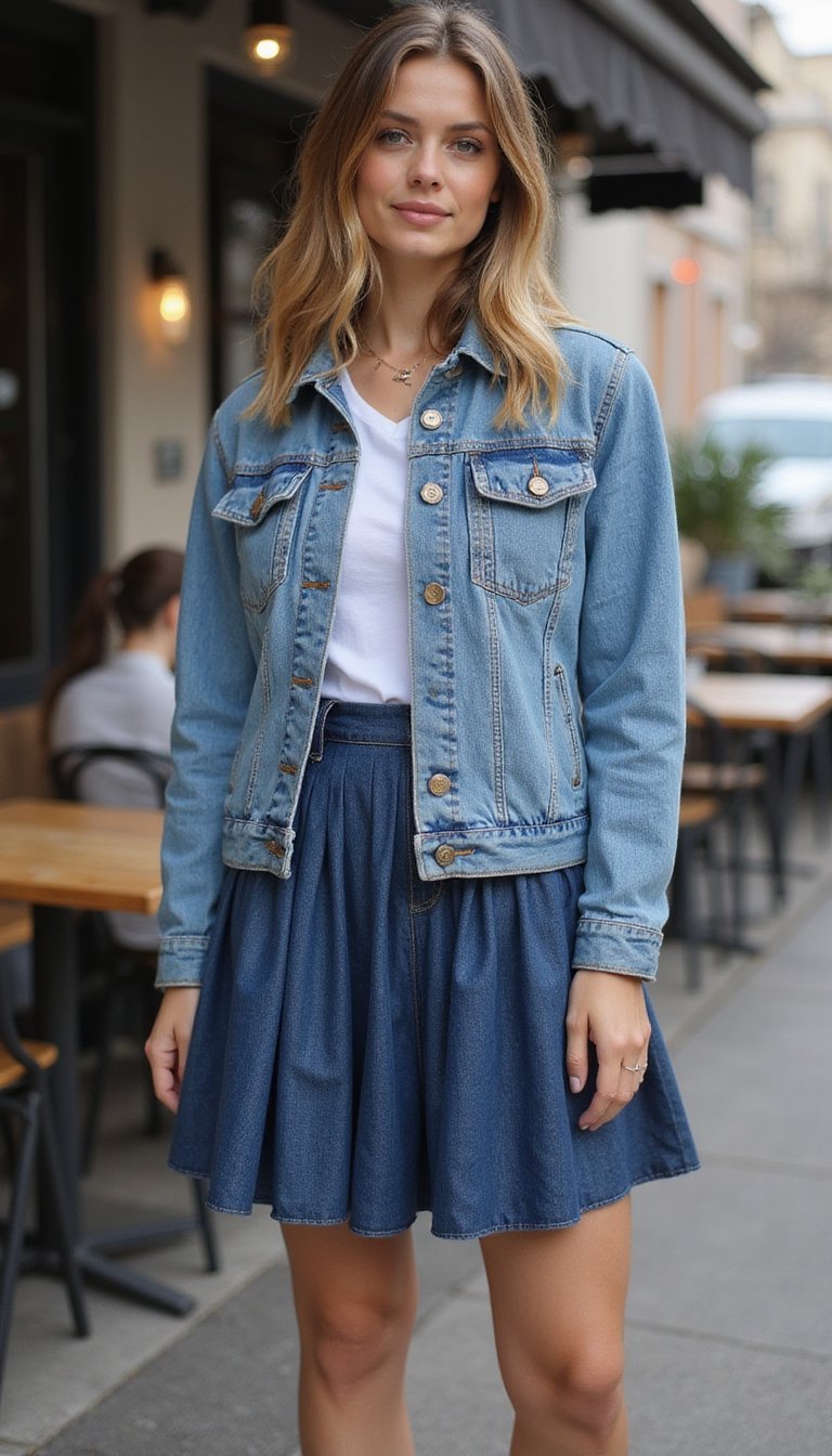 Chaqueta Denim Con Falda Midi Plisada