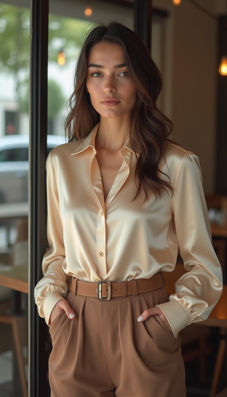 Conjunto De Pantalón Recto Y Blusa De Seda