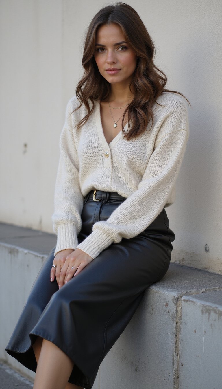 Falda Midi De Cuero Con Suéter Ligero