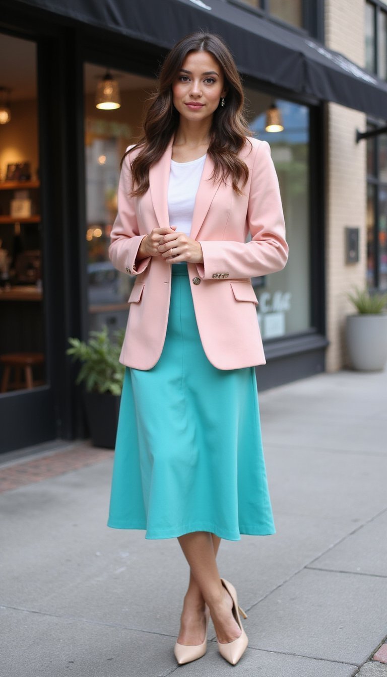 Blazer Rosa Chá Com Saia Midi Turquesa