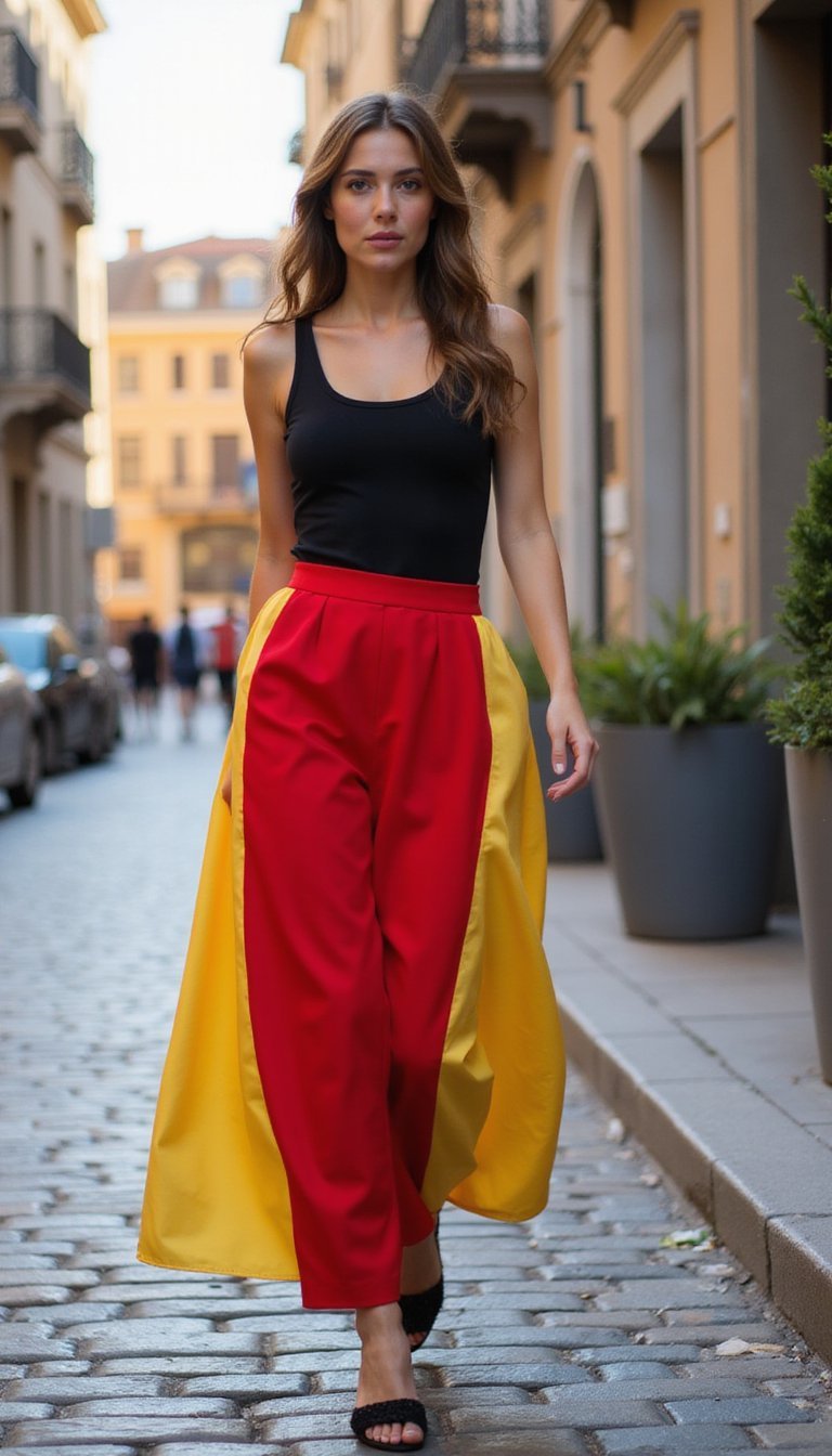 Body Preto Com Saia Midi Vermelha E Amarela