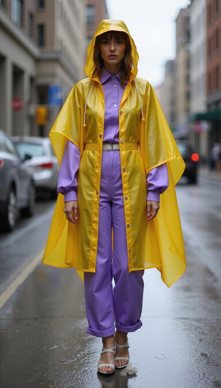 Capa Transparente Amarela Sobre Look Monocromático Roxo