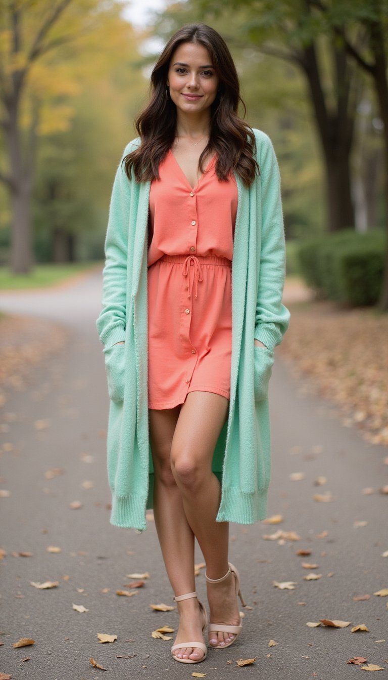 Cardigan Longo Verde Menta Com Vestido Coral