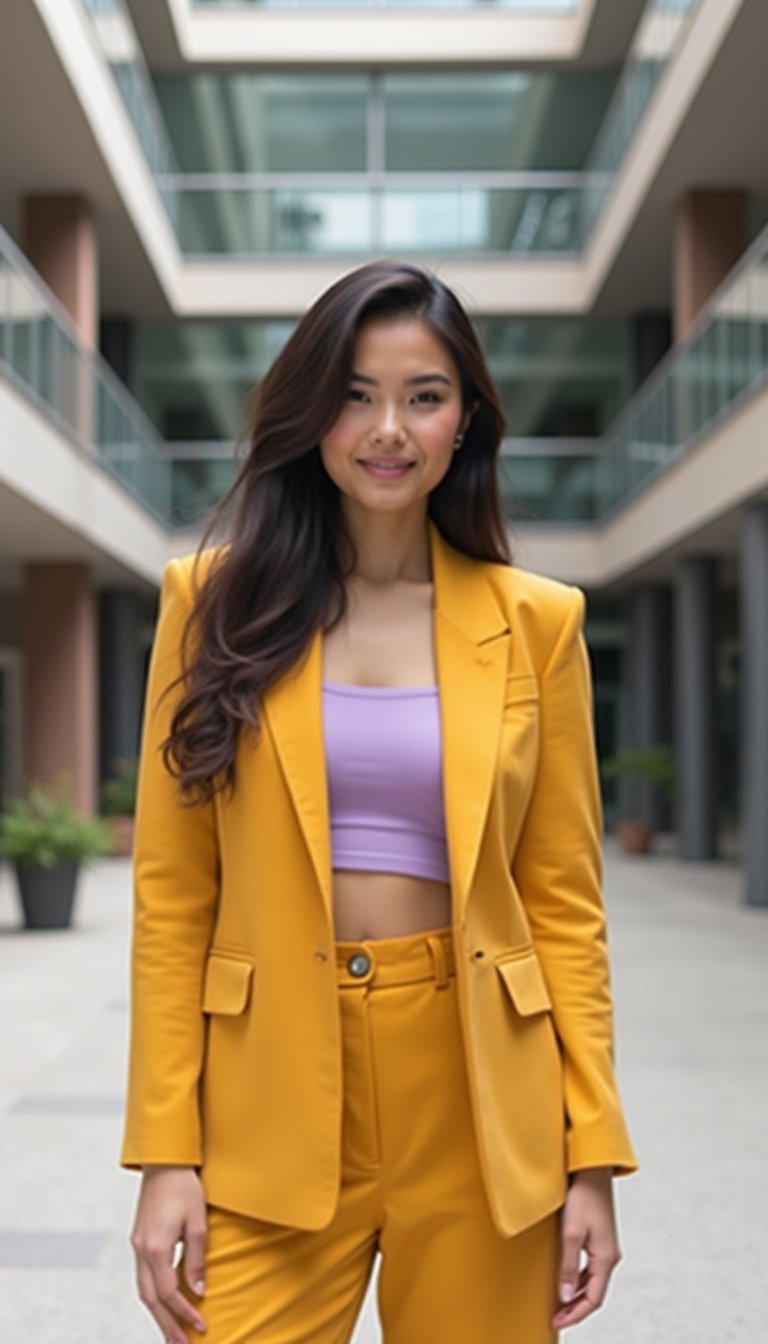 Conjunto Tailored Mostarda Com Cropped Lilás