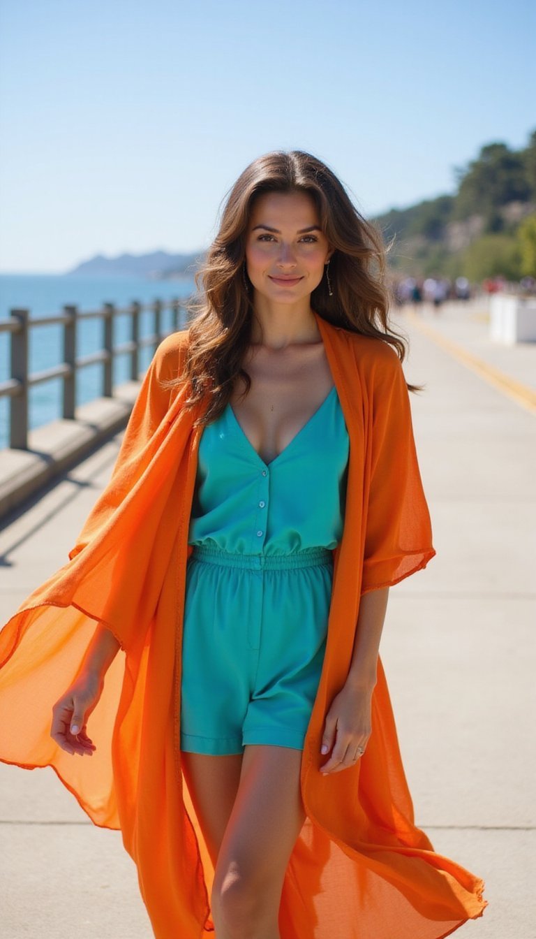 Kimono Largo Laranja Sobre Macaquinho Turquesa