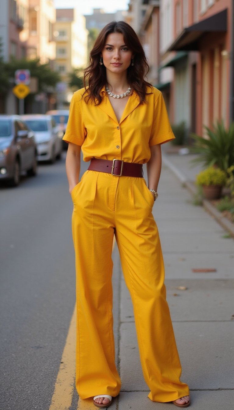 Macacão Amarelo Ouro Com Cinto Vinho