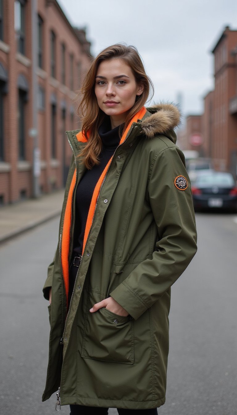Parka Militar Verde Com Acessórios Laranja Neon