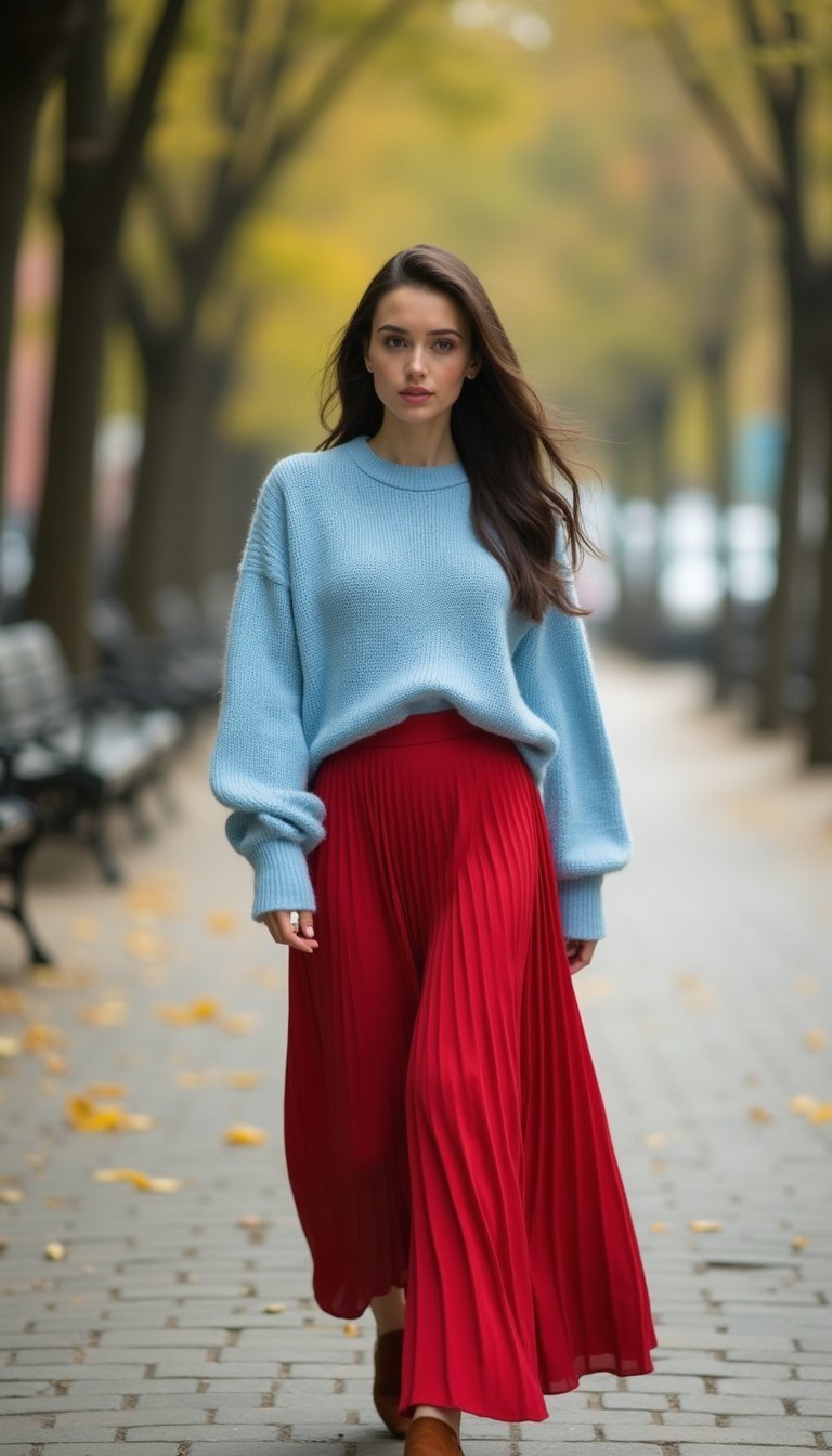 Saia Plissada Vermelha Com Suéter Azul Céu