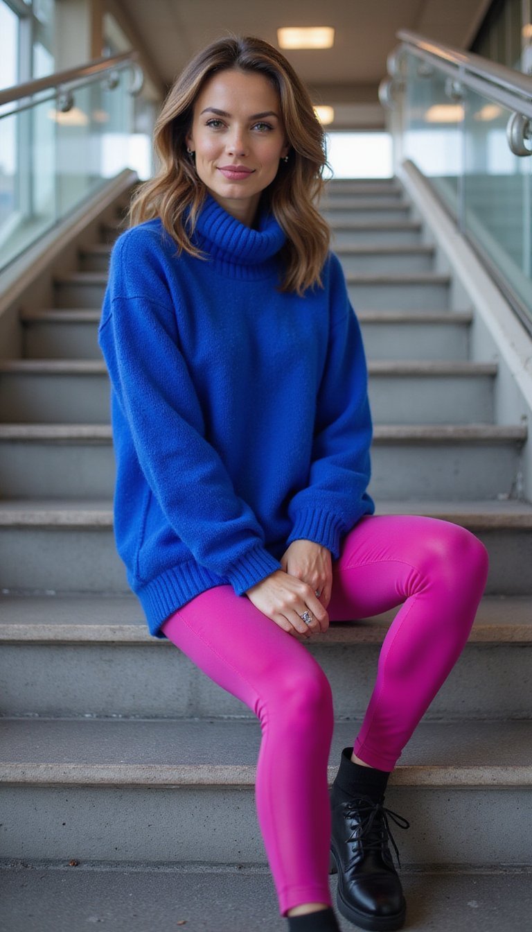 Sweater Oversized Azul Royal Com Legging Fúcsia