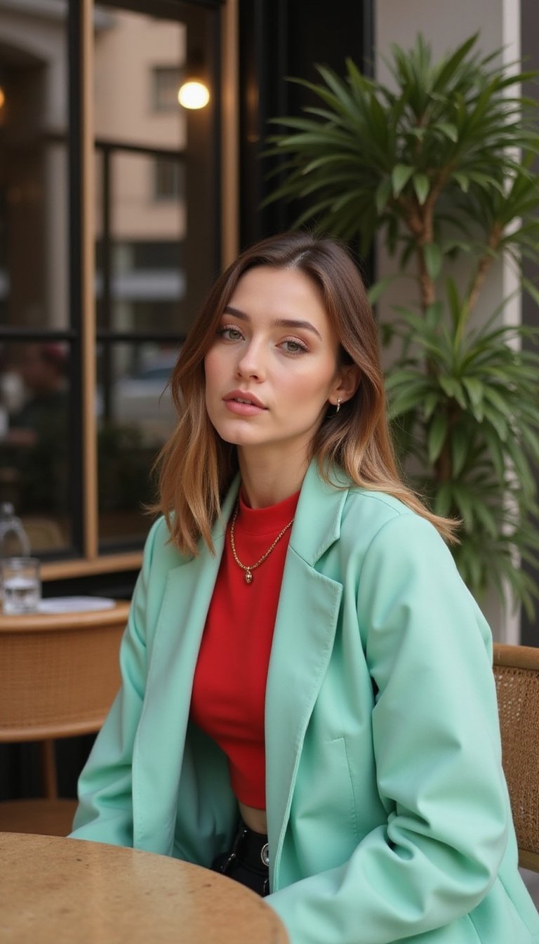 Top Cropped Vermelho Com Blazer Verde Menta