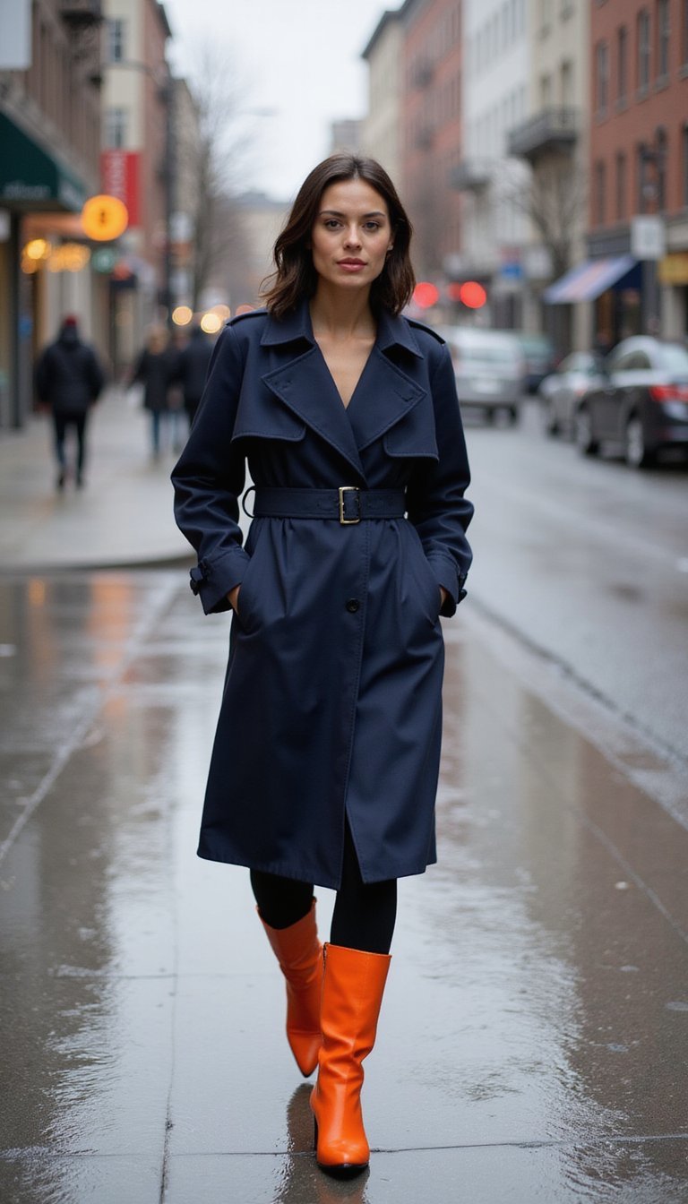 Trench Coat Azul Marinho Com Botas Laranja