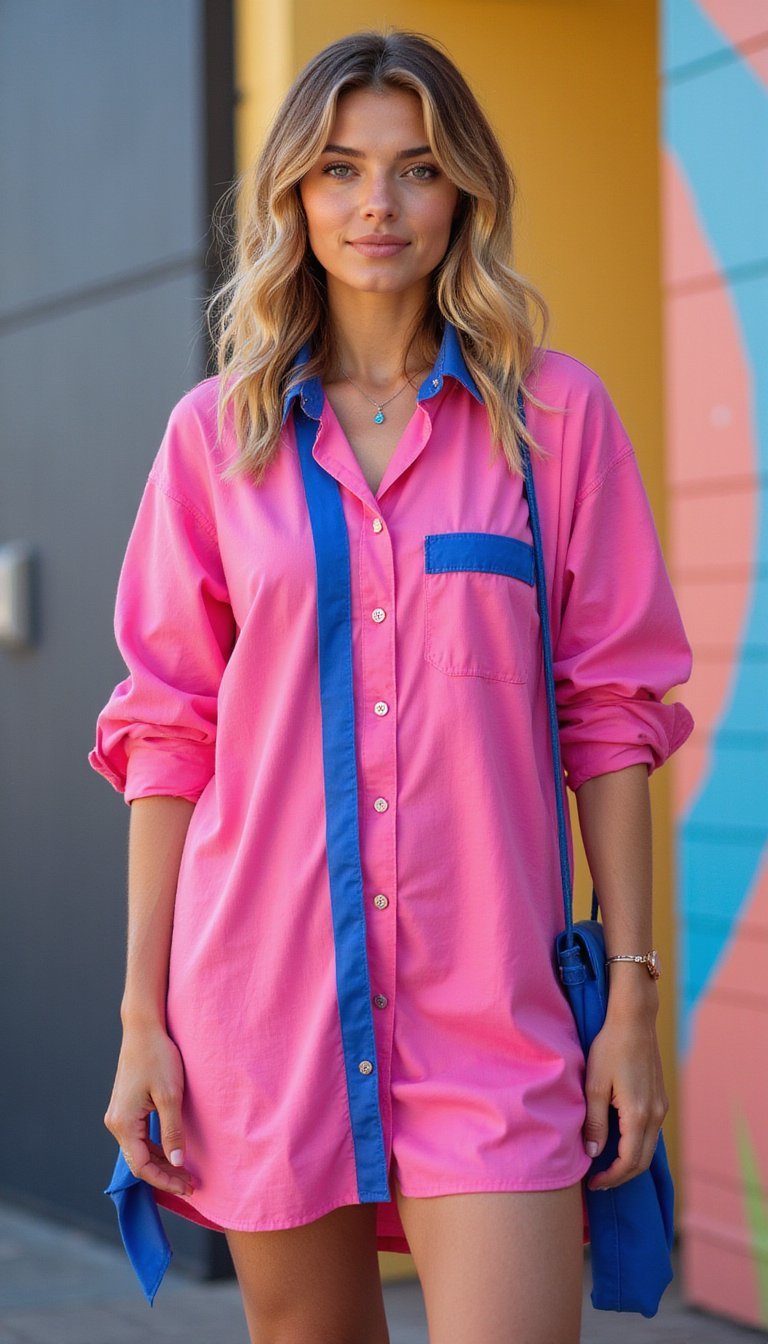 Vestido Camisa Oversized Rosa E Azul Royal