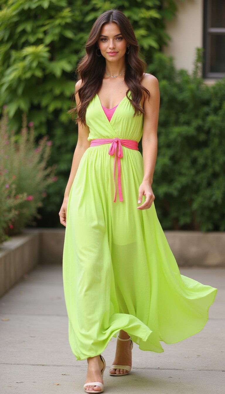 Vestido Midi Verde Limão E Pink Vibrante