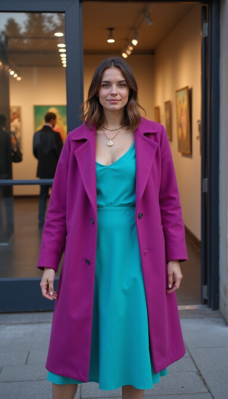 Vestido Slip Turquesa Com Casaco Magenta E Couro