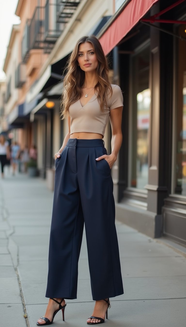 Calça Pantalona Azul Marinho Com Top Cropped Neutro