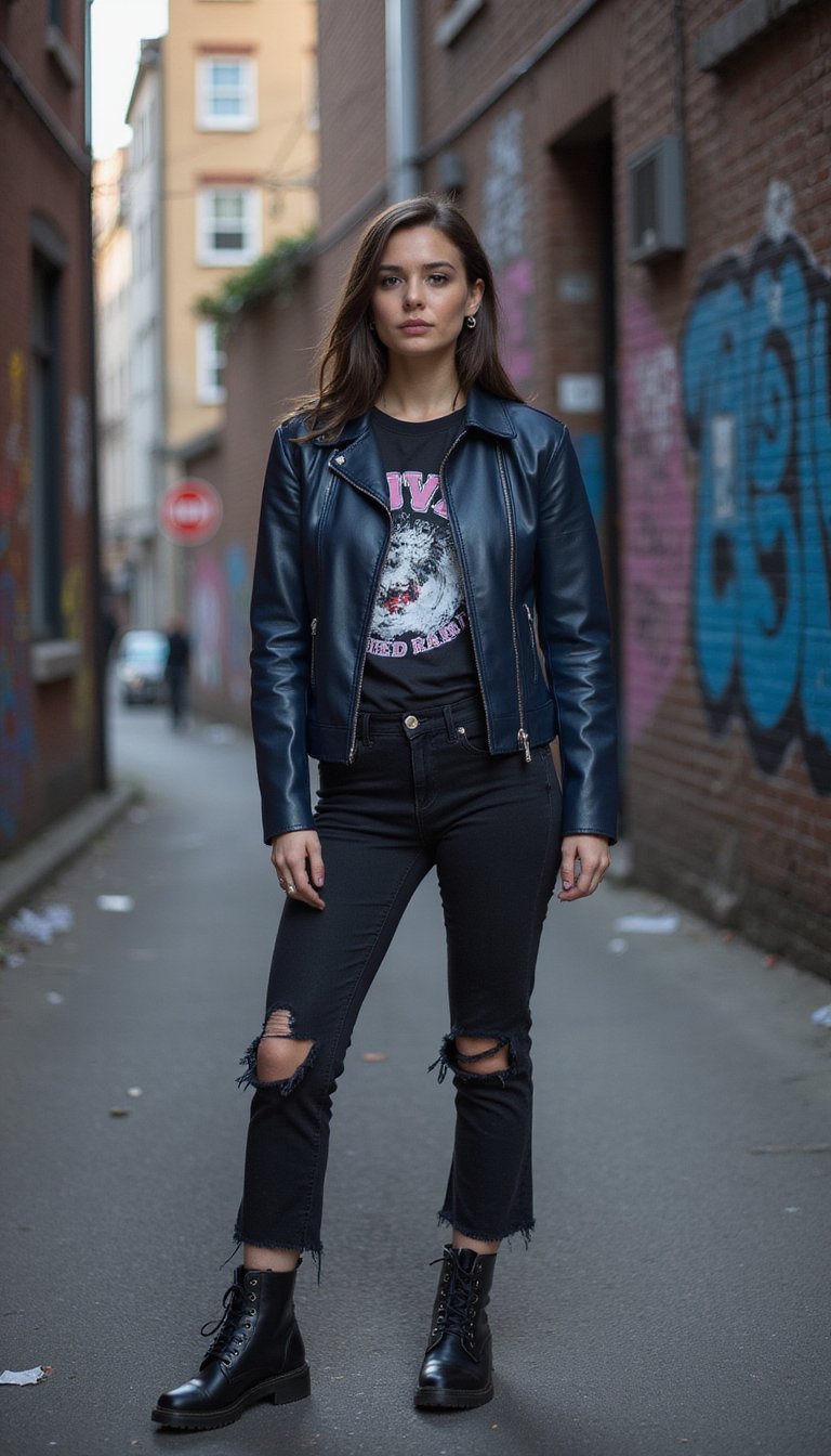 Jaqueta De Couro Azul Marinho Para Look Rock