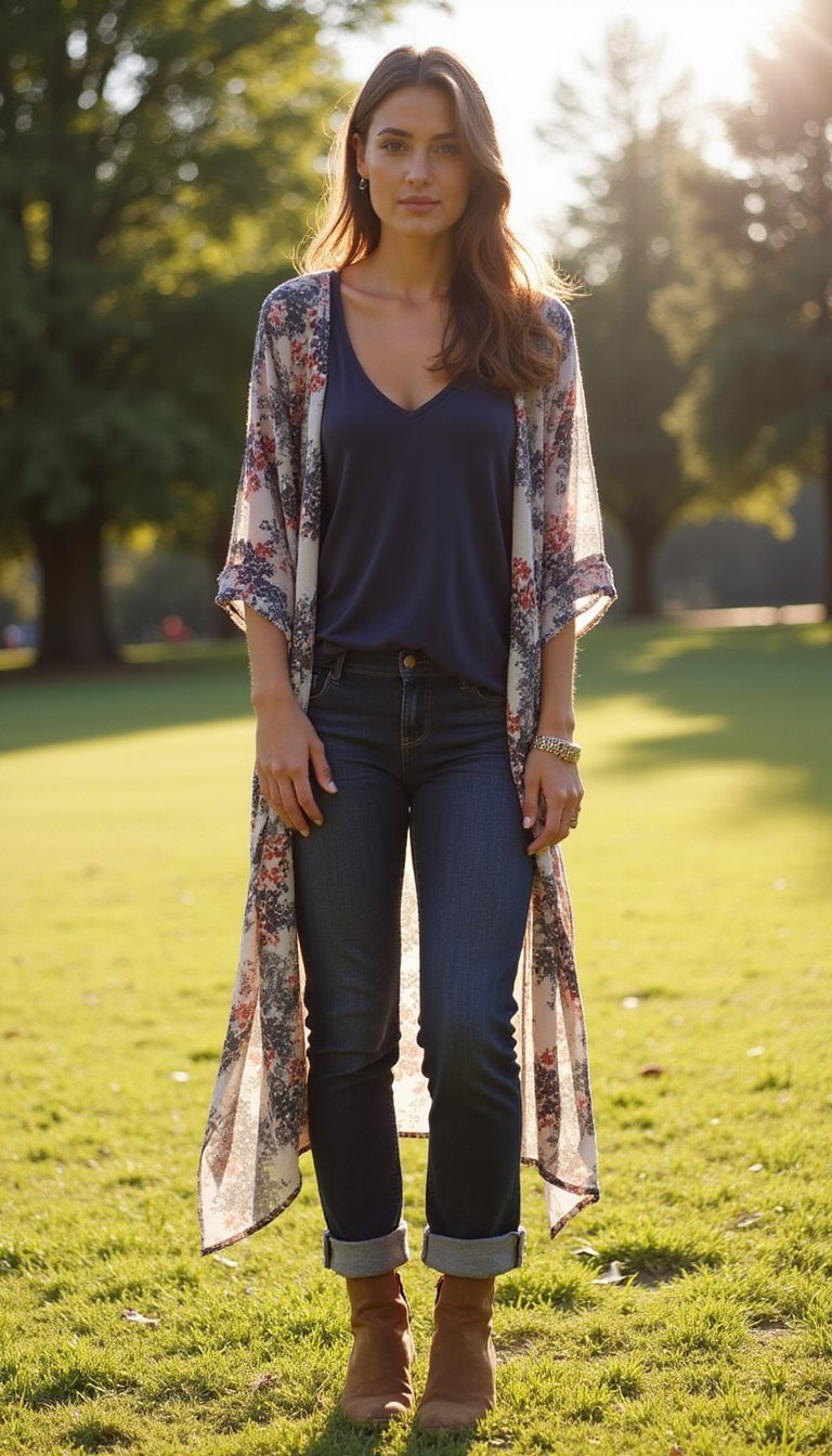 Look Boho Azul Marinho Com Kimono Floral Leve