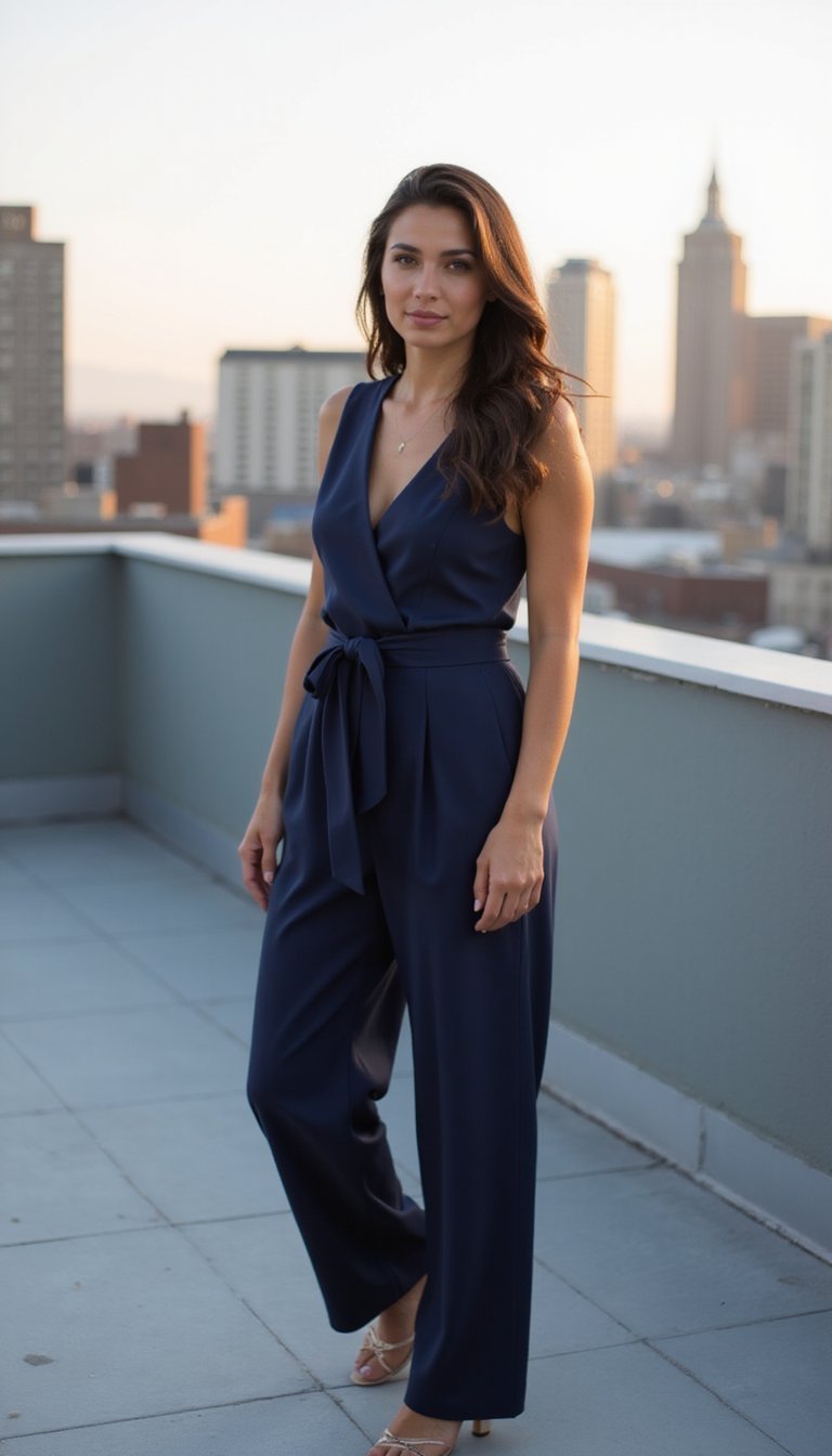 Macacão Azul Marinho Com Cinto Estruturado Elegante