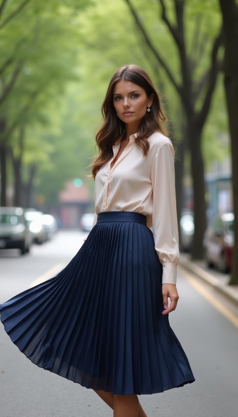 Saia Midi Plissada Azul Marinho Romântica
